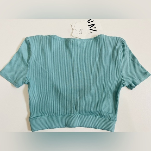 NEW! ZARA RIBBED Crop Top With Ruching In Front NWT Size Small Blue - Picture 5 of 7
